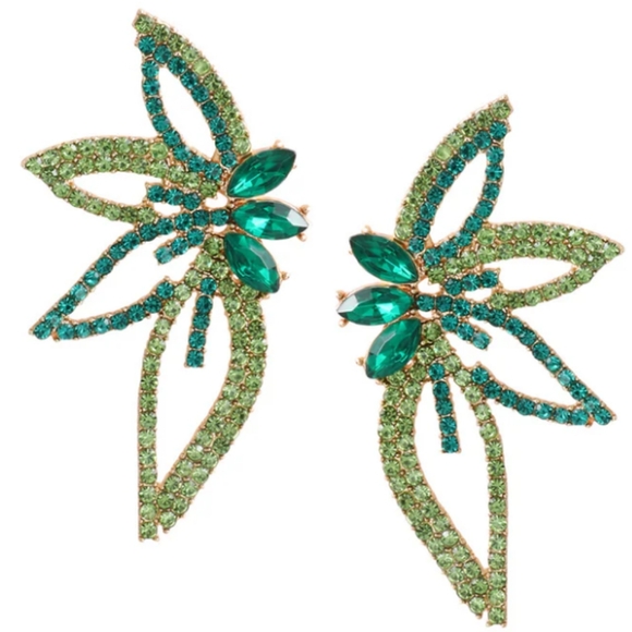 Abstract Floral Green Rhinestone Earrings CZ Crystal Flower Wings Art Deco New - Picture 3 of 7
